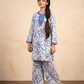 Front Embroidery Purple Flower White 2Pcs Suit Girls