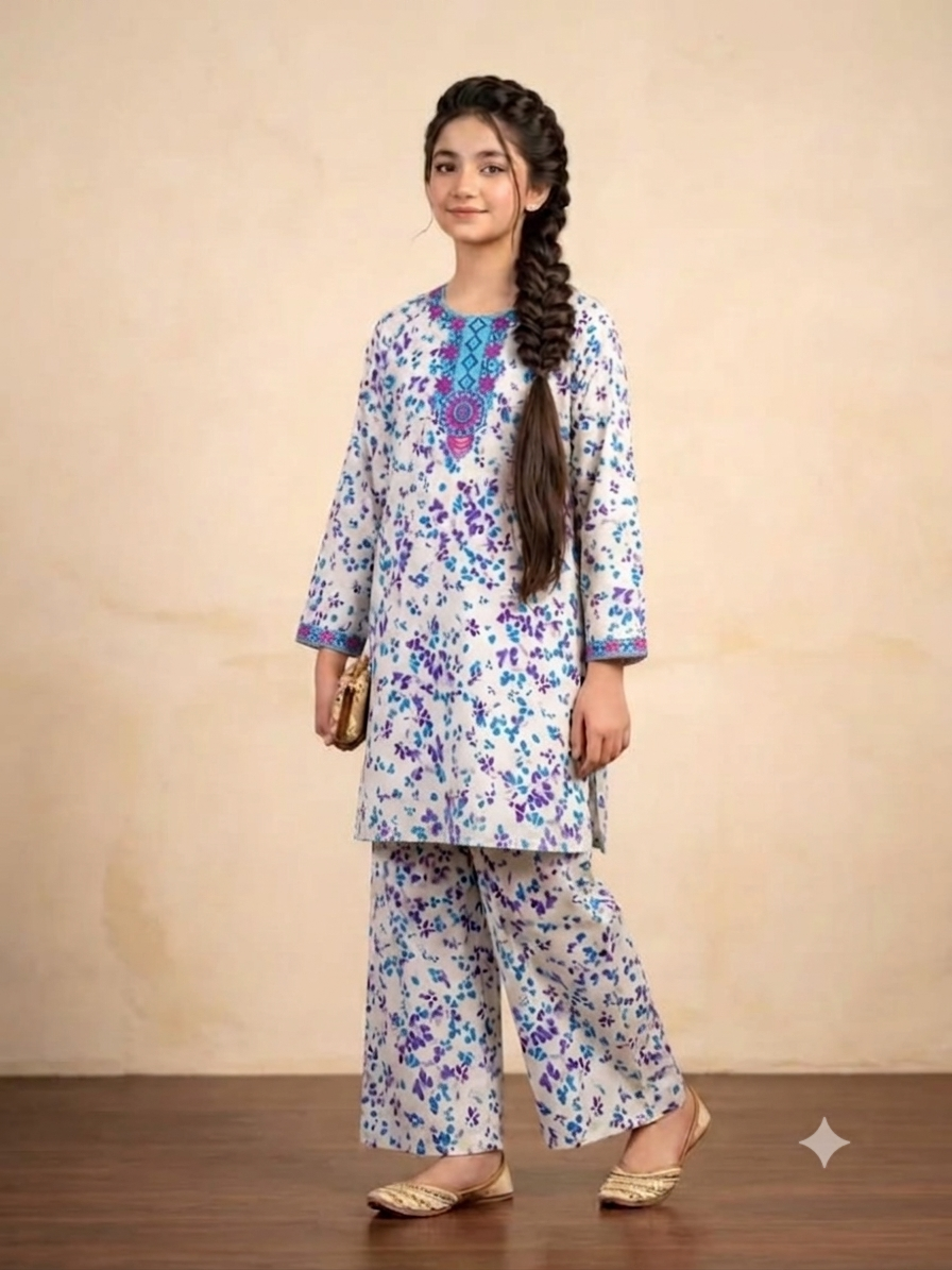 Front Embroidery Purple Flower White 2Pcs Suit Girls