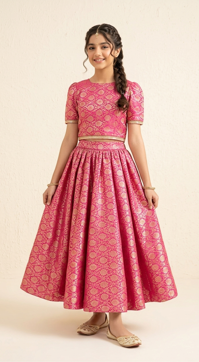 Banarsi Pink Lehenga Suit – Girls