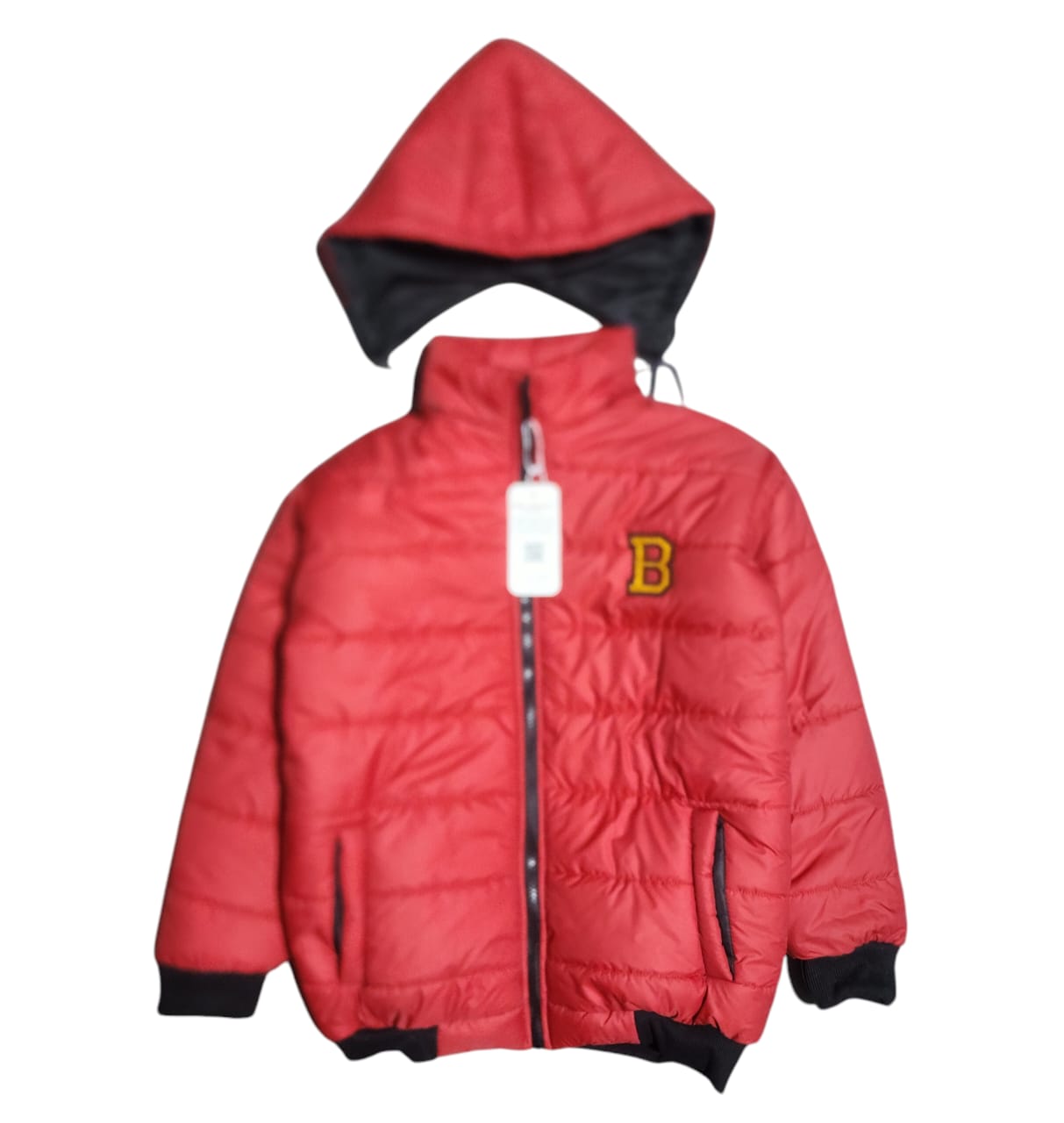 "B" Red Puffer Jacket With Rib Removable Hood Girls