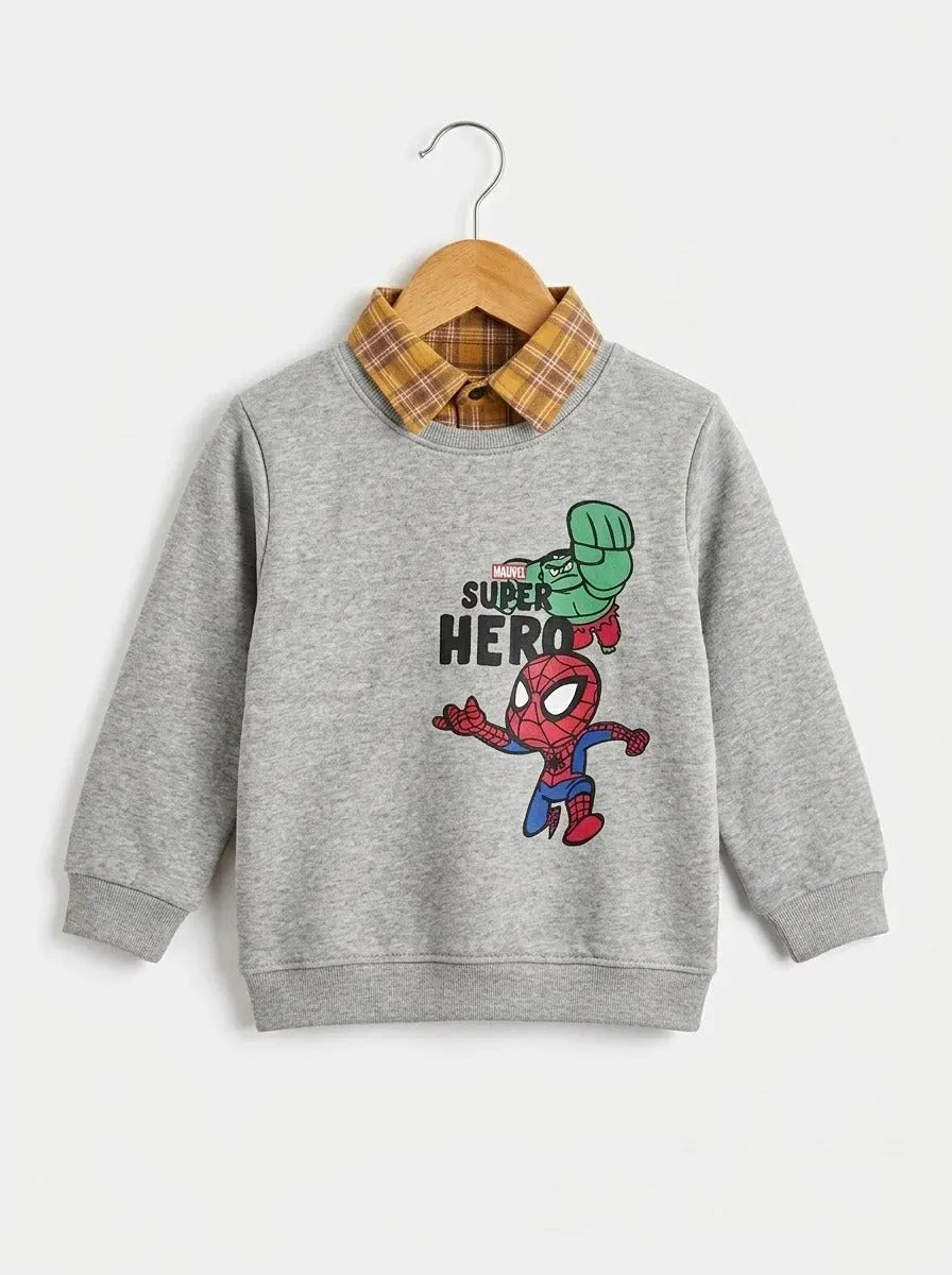 Super Hero  Print Grey Double Sweatshirt For Boys (R-542 N)