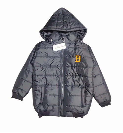 "B" Black Puffer Jacket With Rib Removable Hood Girls