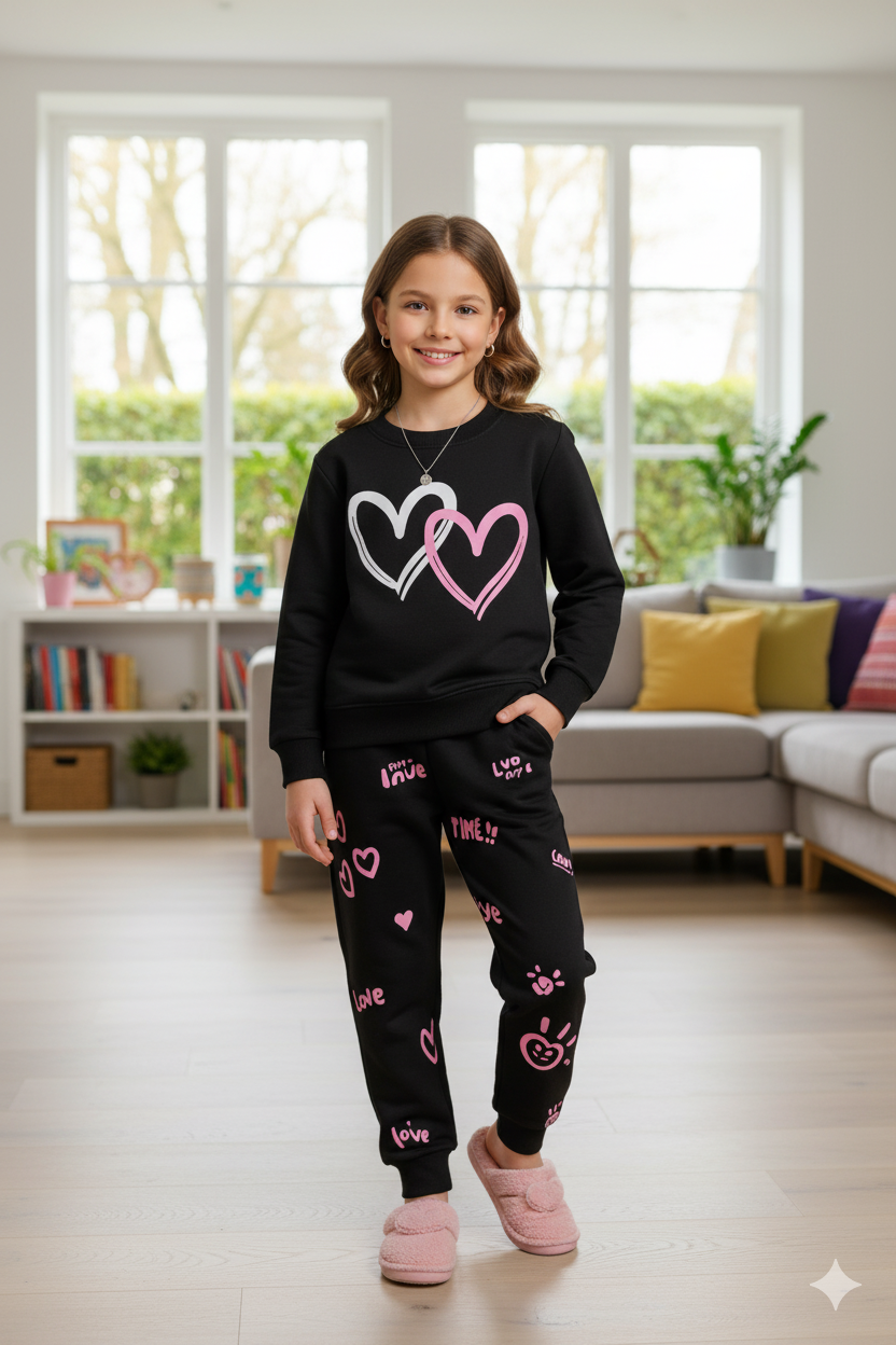 White & Pink Heart Black Track-suit Girls ( R-57 ) Factory