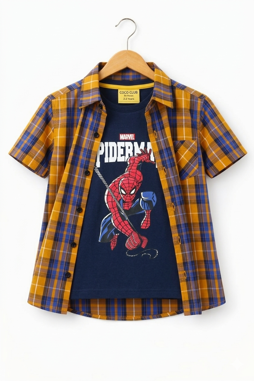 Spiderman Marvel Brown Check D/Casual Shirt ( R-463N )