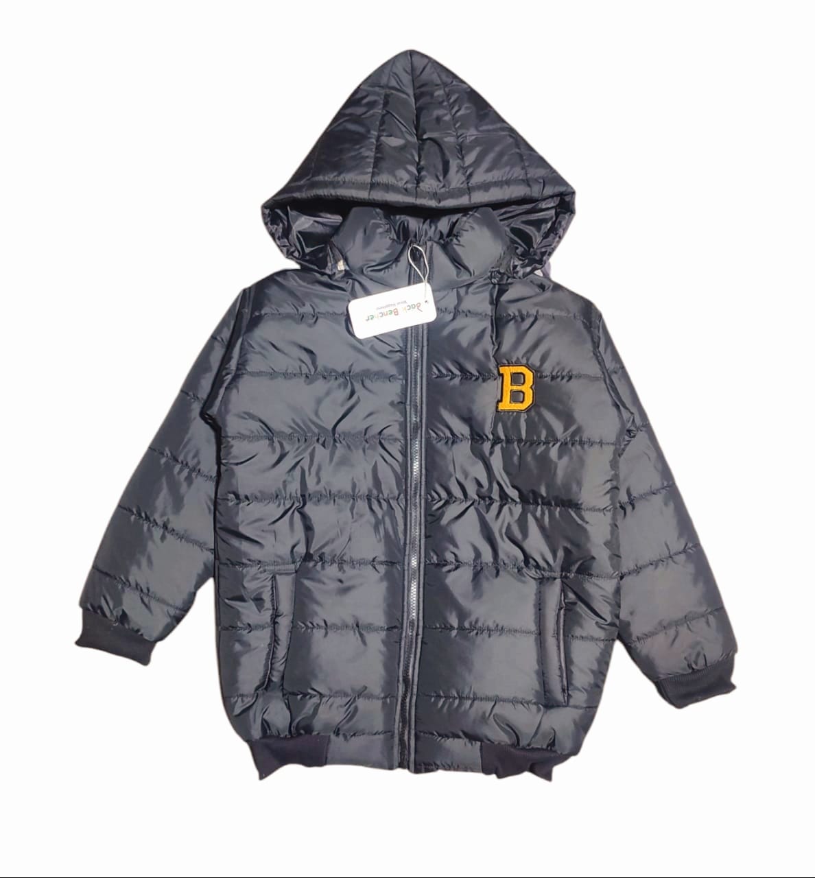 "B" Black Puffer Jacket Removable Hood Boys