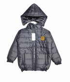 "B" Black Puffer Jacket With Rib Removable Hood Girls