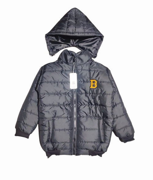 "B" Black Puffer Jacket With Rib Removable Hood Girls